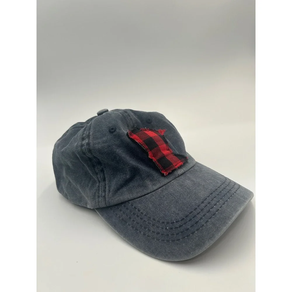 Minnesota State Buffalo Plaid Patch Baseball Cap Washed Navy Blue Hat Adjustable